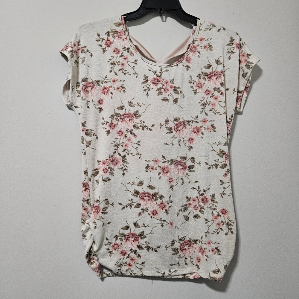 Love Delirious Maternity Floral Tie Back Ruched Side Top XL Cream Pink‎